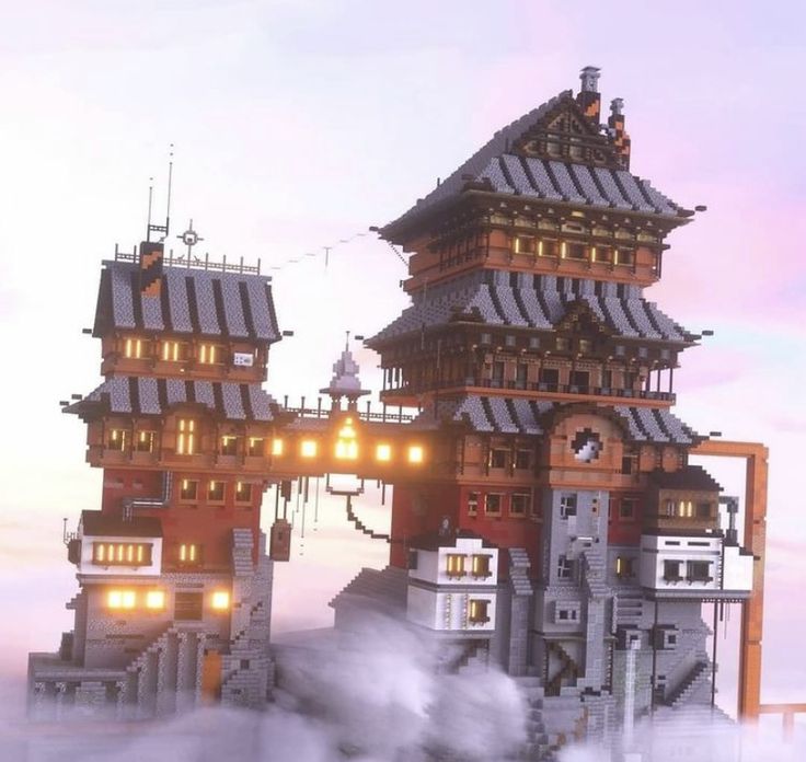 an image of a castle made out of legos in the air with fog around it