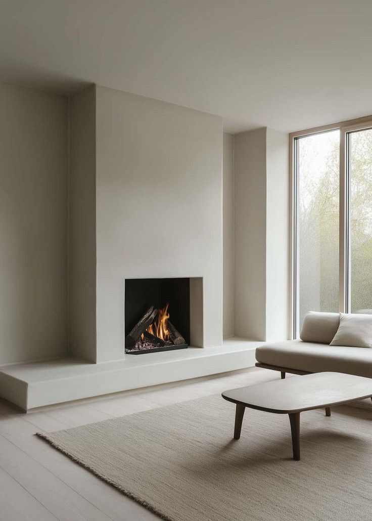 a living room with a fire place next to a couch and coffee table in front of a large window