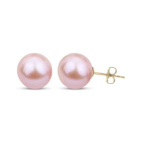 You'll always be pretty in pink with this playful take on classic pearl stud earrings. 14K yellow gold Each earring features a lustrous 7.5 x 8mm pink freshwater cultured pearl Friction backs Pink Gold Earrings, Classic Pink Akoya Pearl Jewelry, Classic Pink Earrings For Anniversary, Classic Pink Pear Shaped Jewelry, Classic Pink Pear-shaped Jewelry, Classic Pink Earrings For Formal Occasions, Pink Round Pearl Earrings, Pink Pearl Earrings For Anniversary, Classic Pink Pearl Drop Earrings