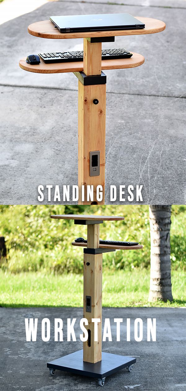 there is a wooden stand with a keyboard on it and the words, standing desk workstation