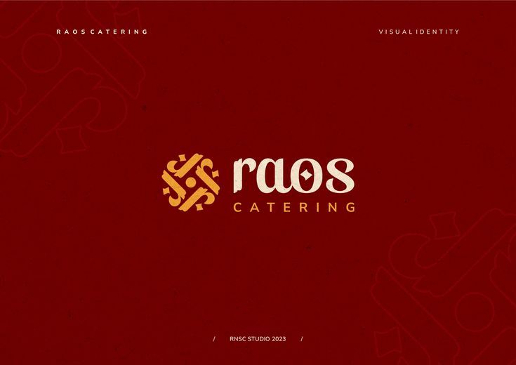 the logo for raos catering is shown on a red background with gold lettering and an ornamental design