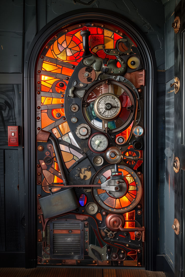 a clock that is on the side of a door with many different things around it