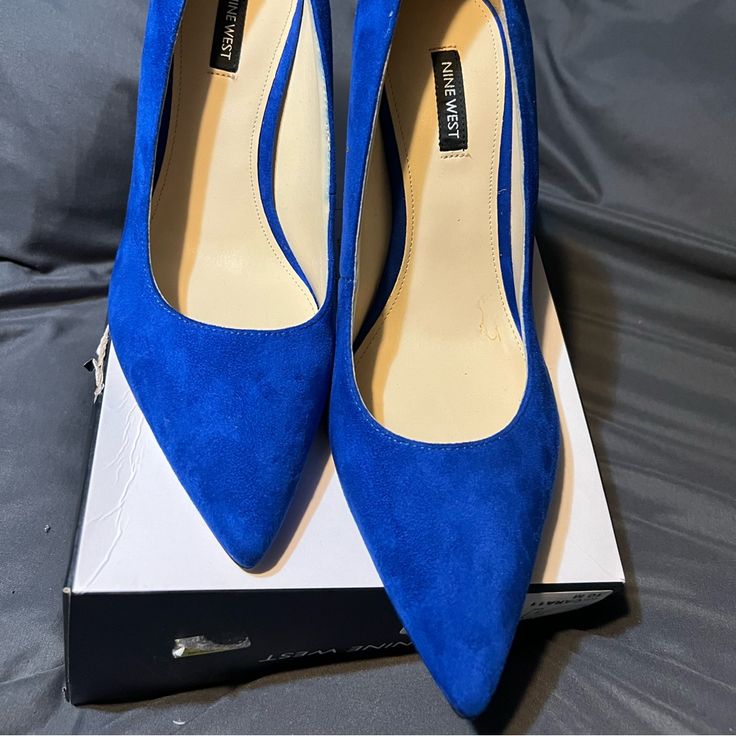 Brand New Nine West Cara Pump Blue Casual Blue Almond Toe Heels, Blue Closed Toe Heels With Branded Insole, Blue Suede Casual Heels, Cheap Blue Heels With 4-inch Heel, Blue Slingback Pumps With 4-inch Heel For Evening, Light Blue Pointed Toe Heels With 4-inch Heel, Nine West Heels, Denim Heels, Yellow 4-inch Heel Synthetic Heels