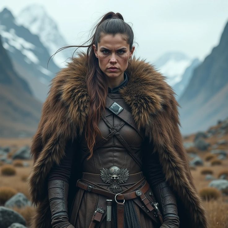 a woman dressed in leather and fur with mountains in the backgrouds behind her