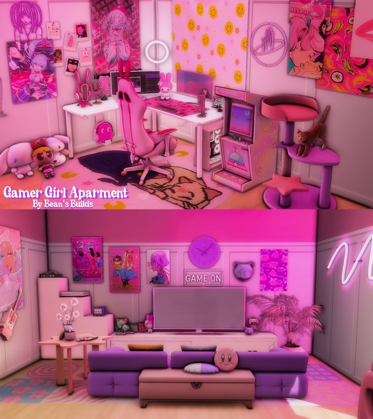 two pictures of a living room with pink furniture and decorations on the walls, one is decorated in barbie's bedroom