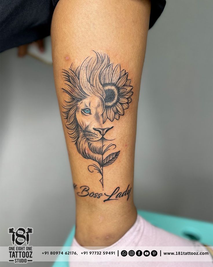 a woman's leg with a sunflower and lion tattoo on her left calf