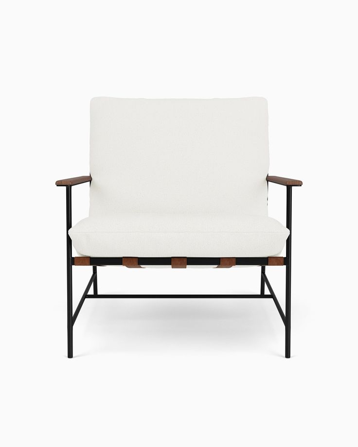 a white chair with black frame and wooden arms on a white background, the seat is upholstered