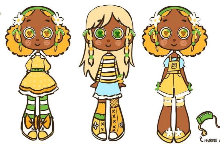 three cartoon girls with green eyes and long blonde hair, standing next to each other