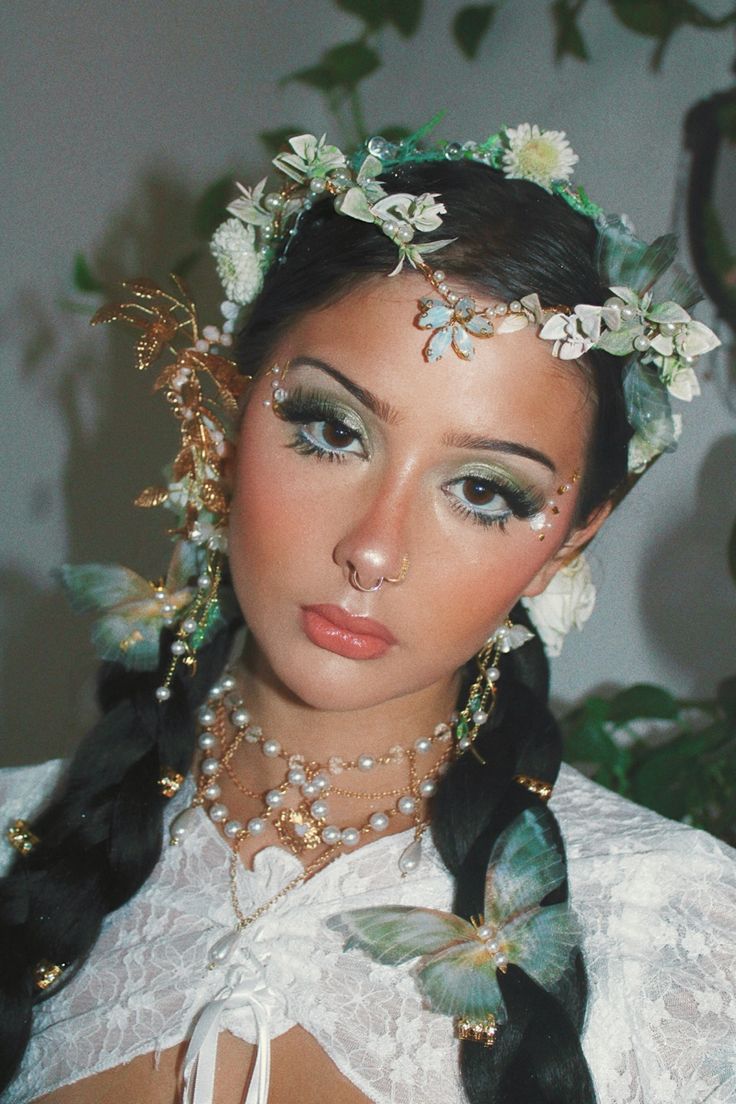 #fairy#fairycore #fairycostumes #fairycosplay #acotar #makeup #aesthetic Fairy Makeup Photoshoot, Fairy Core Eye Makeup, Fairy Princess Aesthetic Outfits, Fairycore Halloween Costume, Ethereal Costume Halloween, How To Be A Fairy Aesthetic, Fairy Goddess Aesthetic, Forest Goddess Makeup, Forest Fairy Makeup Ideas