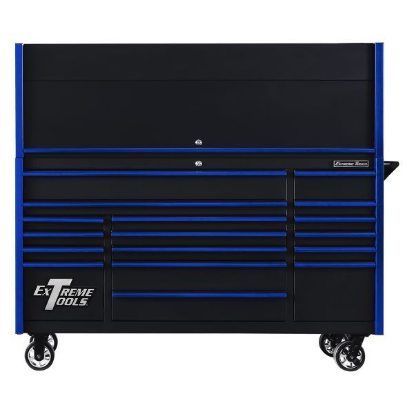 a black and blue tool cabinet with wheels