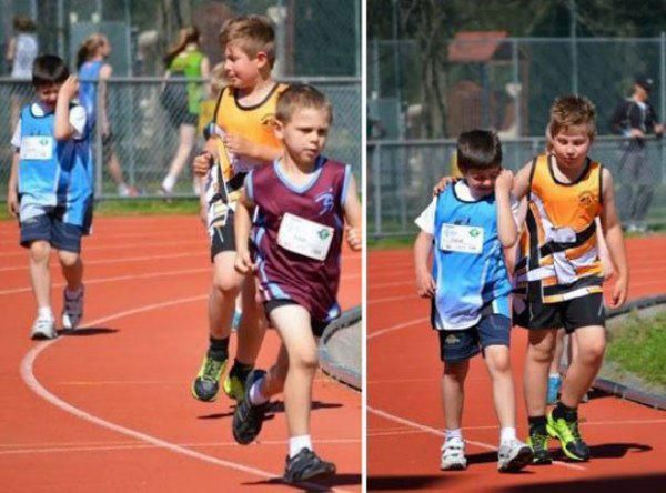 two pictures of young boys running on a track