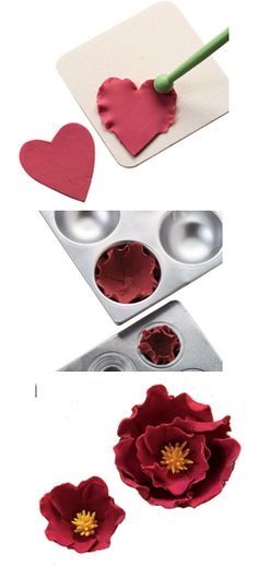 the process for making heart shaped flowers is shown in three different stages, including waxing and