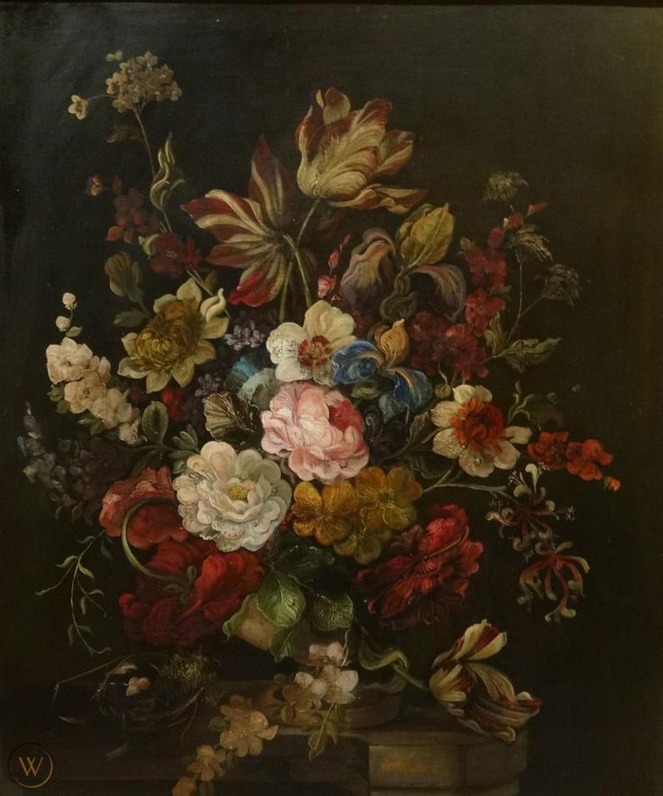 a painting of flowers in a vase on a table