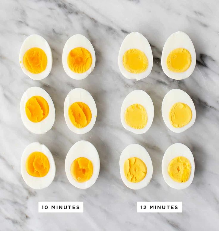 hard boiled eggs on a marble countertop with ten minutes left to cut them in half