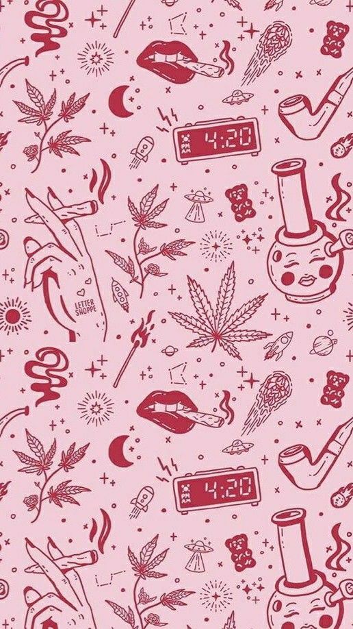 a pink wallpaper with various symbols on it