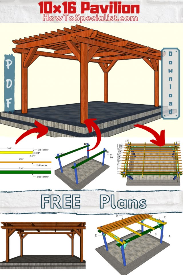 the plans for an outdoor pavilion are shown in three different stages, including one being built and