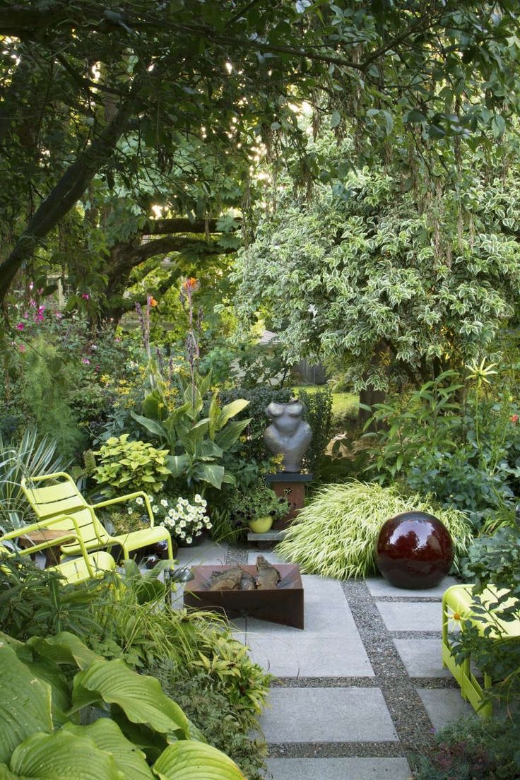 a garden with lots of green plants and trees