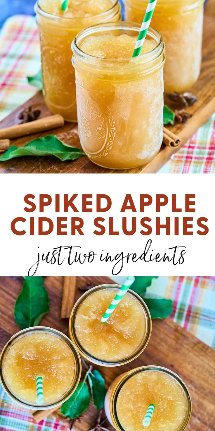 three jars filled with homemade apple cider slushies