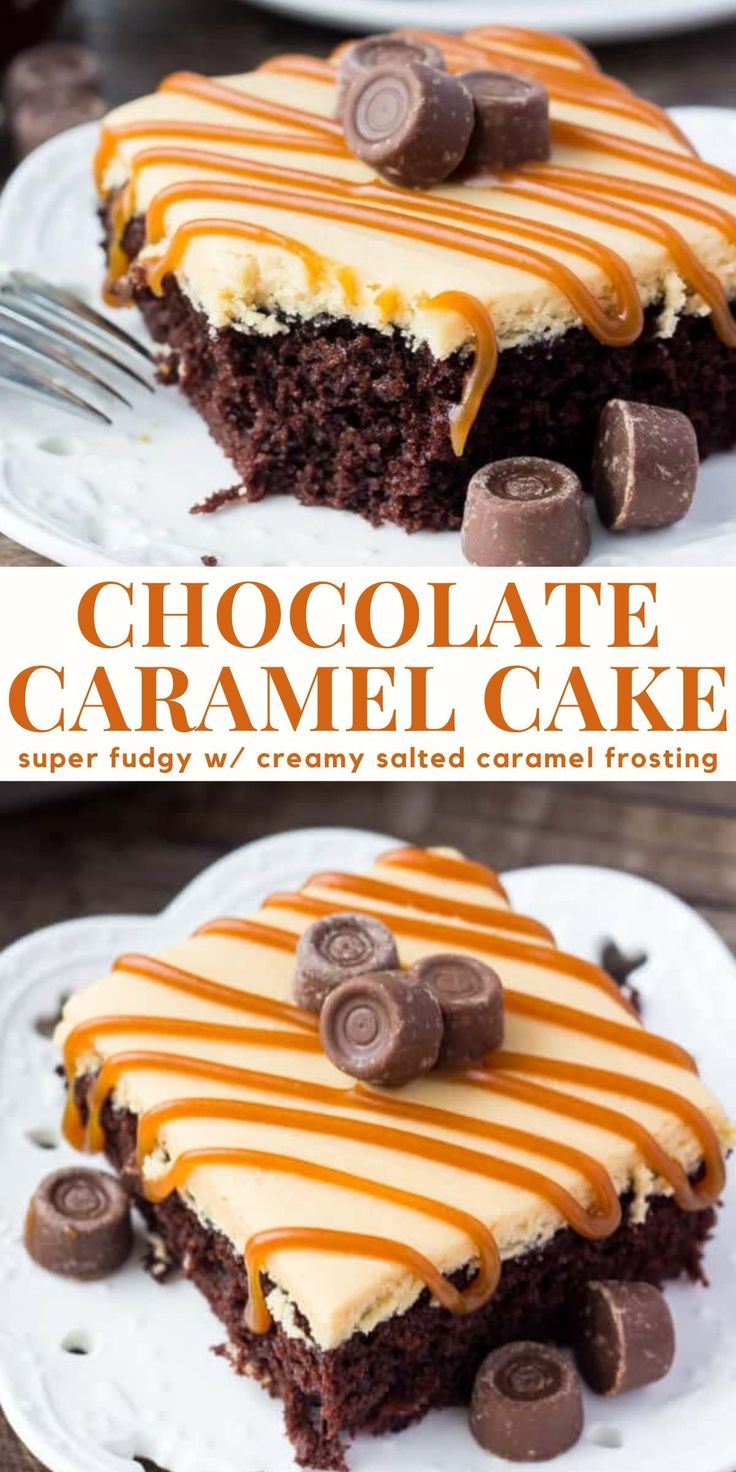 chocolate caramel cake on a white plate with a fork in the foreground and two pictures of it