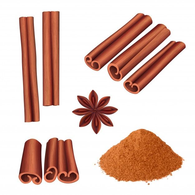 cinnamon sticks, cinnamon powder and star anise on a white background with clippings