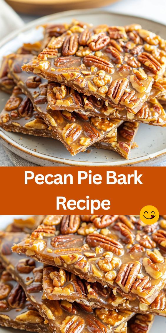 pecan pie bark recipe on a plate with the title above it and an image of pecan pie bark