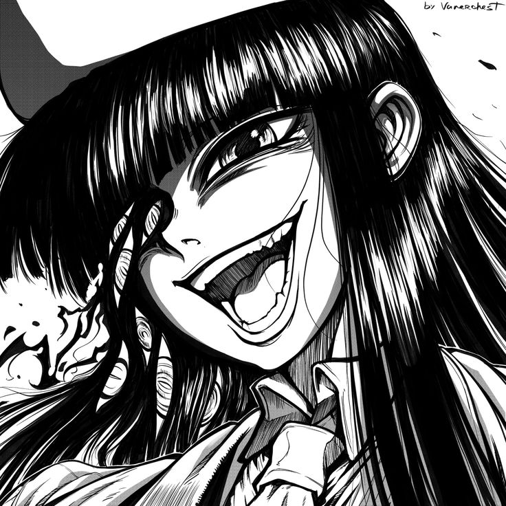 a black and white drawing of a girl with long hair smiling at the camera while wearing a hat