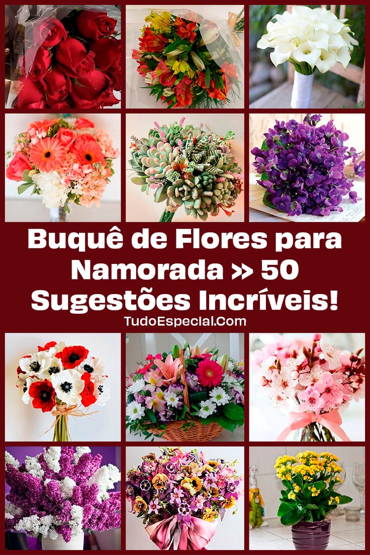 many different flowers are arranged in the same collage with red and white text that reads,