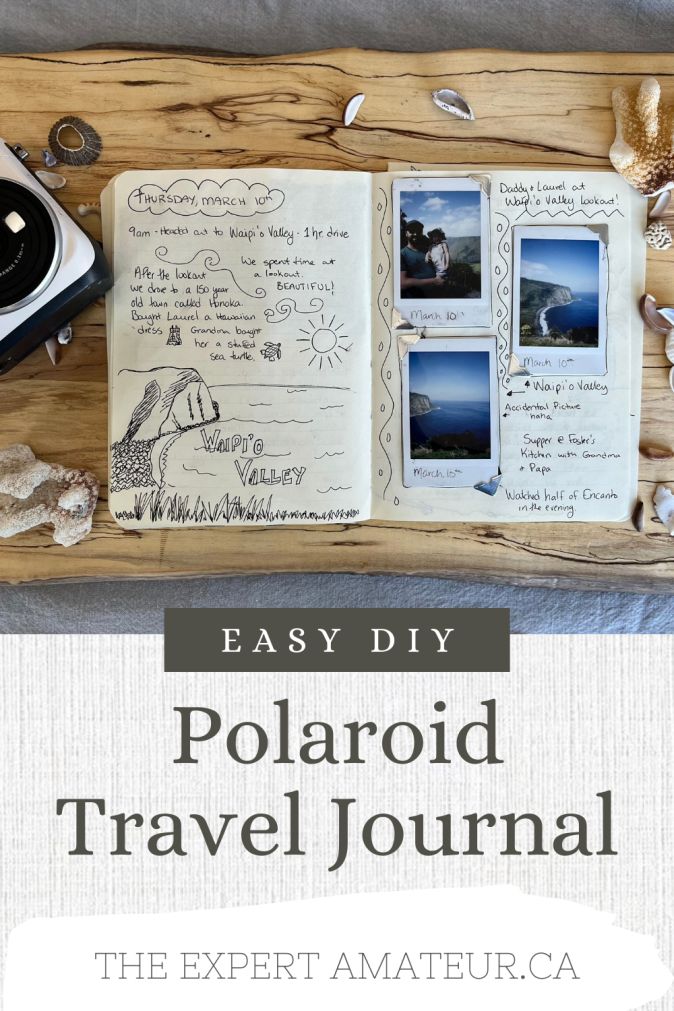 an open travel journal sitting on top of a wooden tray next to shells and seashells