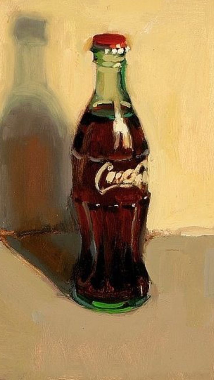 an oil painting of a coca - cola bottle sitting on a table next to a shadow