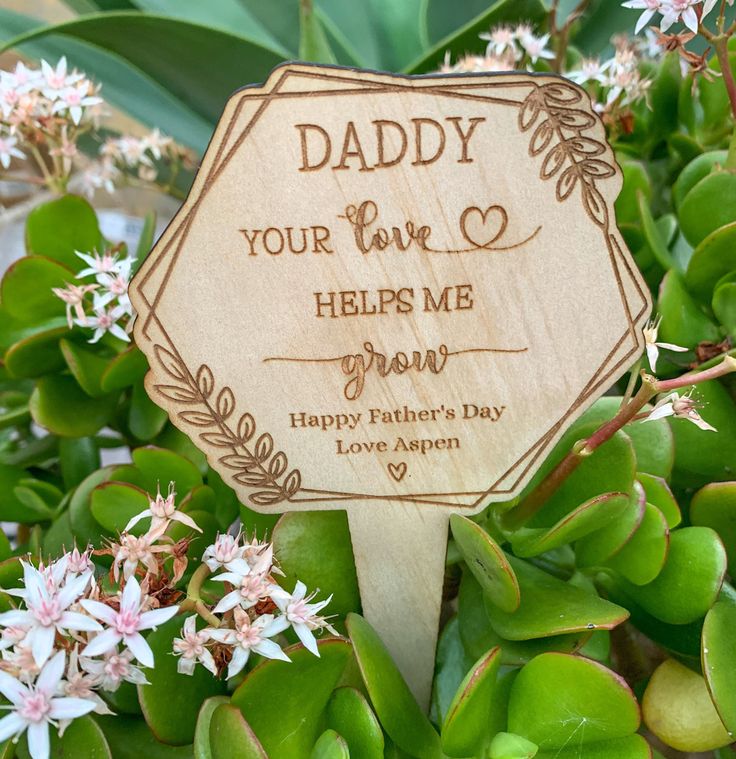 a wooden sign that says, daddy your love helps me grow happy father's day