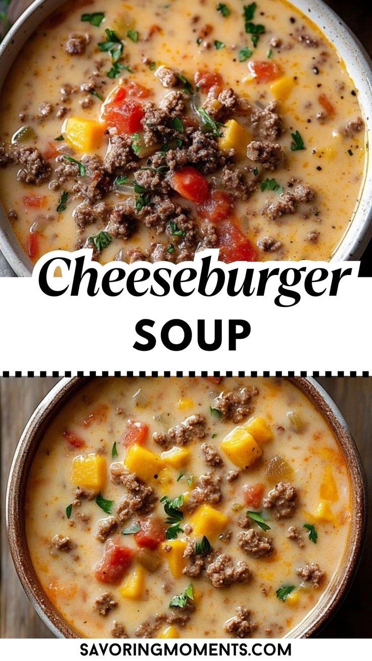 two bowls filled with cheeseburger soup next to each other