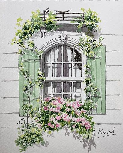 a watercolor painting of a window with green shutters and pink flowers