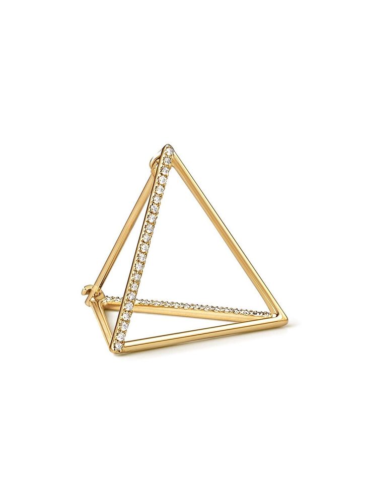 The three dimensional triangle form appears to float seamlessly around the earlobe when worn. One side is an earring post and two lines are set with micro diamonds creating a subtle but luxurious effect. You can alter the point at which the earring hangs depending on how you want it to appear. Available in 3 sizes (10mm/15mm/20mm). Dimensions: 20mm x 20mm x 20mm. Diamond size: 0.8mm x 38. This is a single earring. Crystal Statement Earrings, Diamond Shape Earrings, Special Occasion Jewelry, Hammered Hoop Earrings, Minimal Earrings, Fancy Earrings, Geometric Studs, Open Hoop Earrings, Earring Post