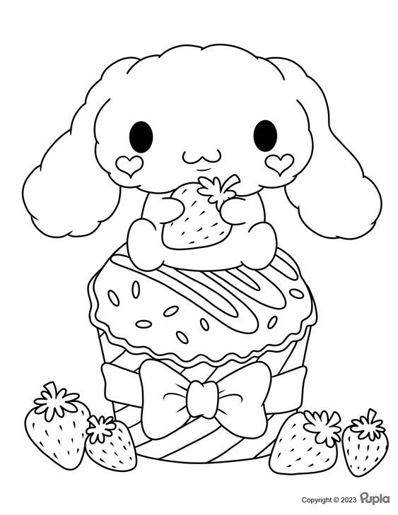 a cartoon dog eating a cupcake with strawberries