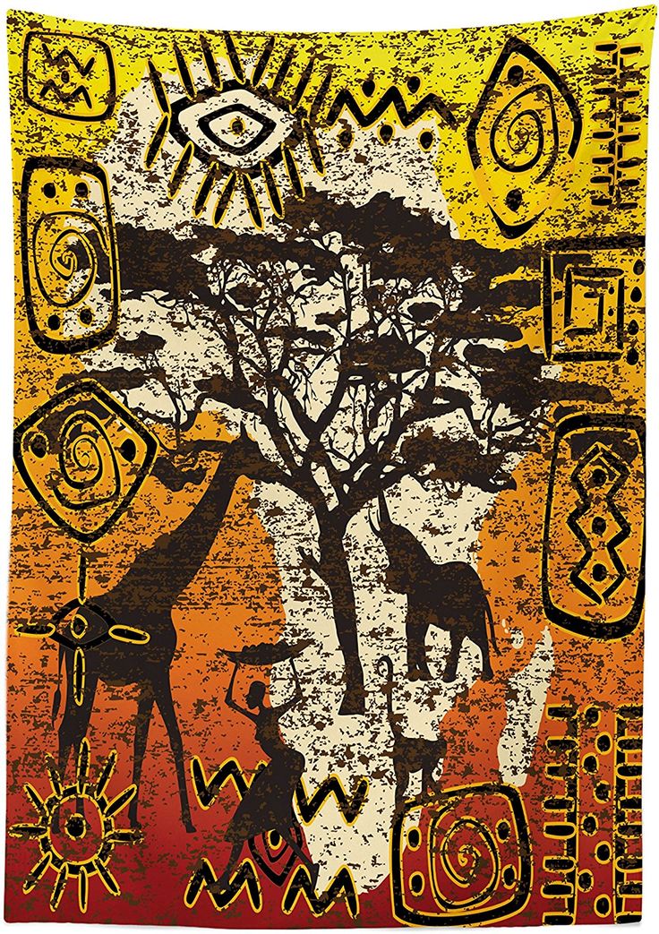 an artistic painting with giraffes, trees and other african symbols on it