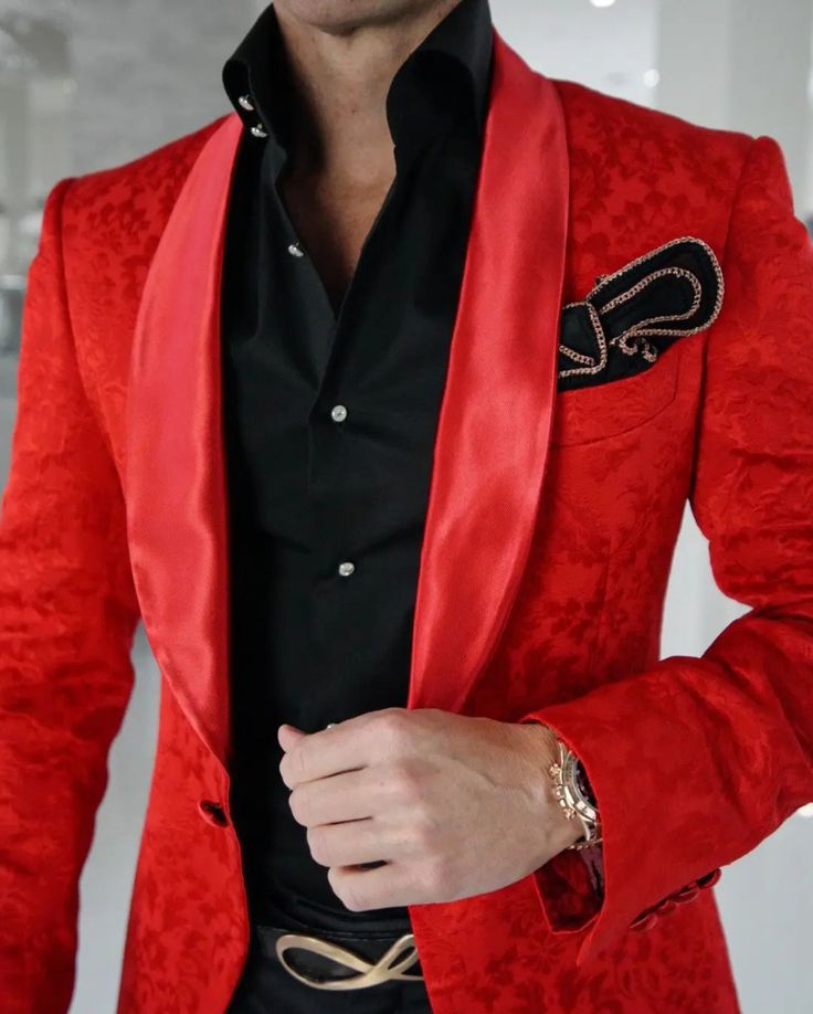 Red Designer Fiore Fabric Woven In France Satin Signature Shawl Lapels Single Button Closure Soft, natural shoulder construction Chest Barchetta Pocket Dual Vents Satin covered buttons Handmade in any size! Includes a Sebastian Cruz Couture Pocket Square of your choice! All of our jackets are made with 4" extra of fabric to ensure you don't have to send it back to us if it's too small or too big. You can tailor your jacket 2 sizes bigger and/or smaller if needed. We guarantee your satisfaction! Gentlemen Style, Dress Suits For Men, Dinner Jacket, Build A Wardrobe, Dapper Style, Dapper Men, Fashion Suits For Men, Fashion Marketing, Soft Natural