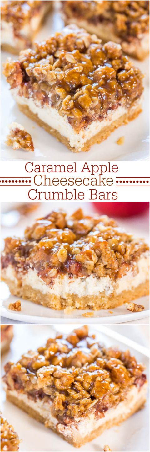 caramel apple cheesecake crumble bar on a white plate with text overlay