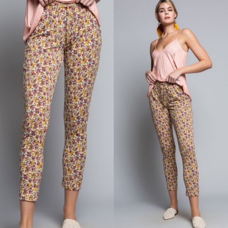 Cute Pair Of Boho Floral Pants From Pol Incredibly Soft & Comfortable Fabric That Feels Like A Medium Weight Jersey. Side Pockets & A Slim Fit With Just Enough Stretch. Back Pocket Flaps Are A Design Element, Not Actual Pockets. Has A Ruched Elastic Waistband & Functional Drawstring. Fits Like A Pair Of Joggers. 60% Cotton 35% Polyester 5% Spandex Models Are Wearing A Small Small: 38" Long 13" Waist Laid Flat Medium: 40" Long 14" Waist Laid Flat Tags: Joggers Lounge Wear Loungewear Boho Flowers Floral Print Relaxed Fit Bottoms For Pajama Party, Floral Print Cotton Bottoms For Pajama Party, Cotton Floral Print Bottoms For Pajama Party, Non-stretch Yellow Cotton Pants, Casual Floral Print Pants For Daywear, Multicolor Bottoms For Spring Daywear, Casual Floral Print Pants, Yellow Elastic Waistband Pants For Loungewear, Yellow Pants With Elastic Waistband For Loungewear