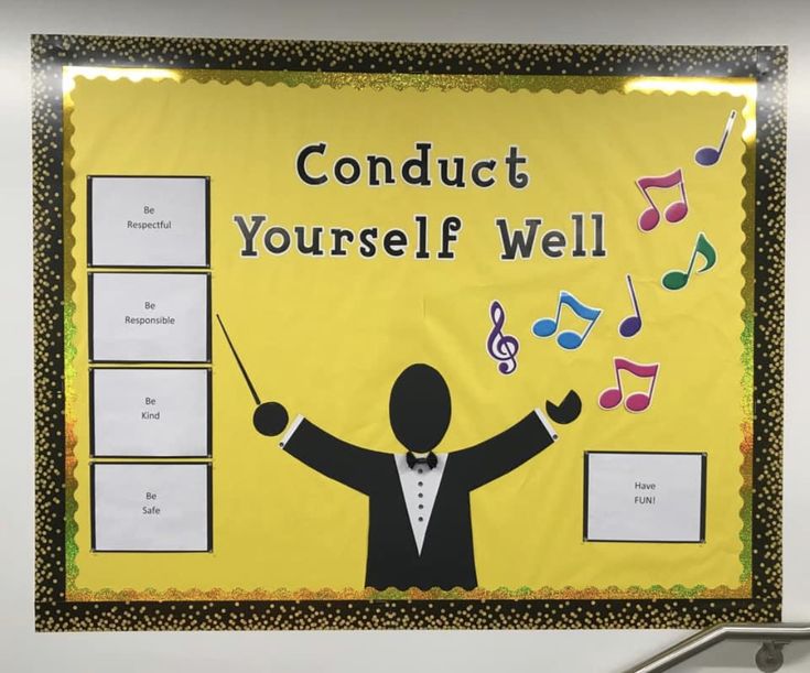 a bulletin board with music notes on it and a man in a tuxedo