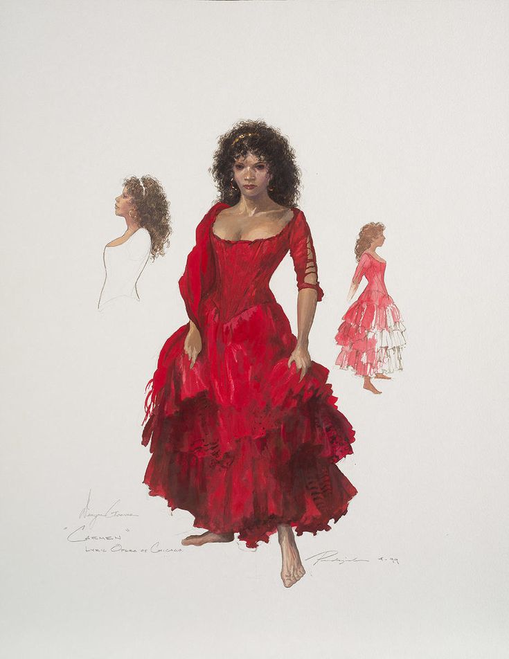 a drawing of a woman in a red dress