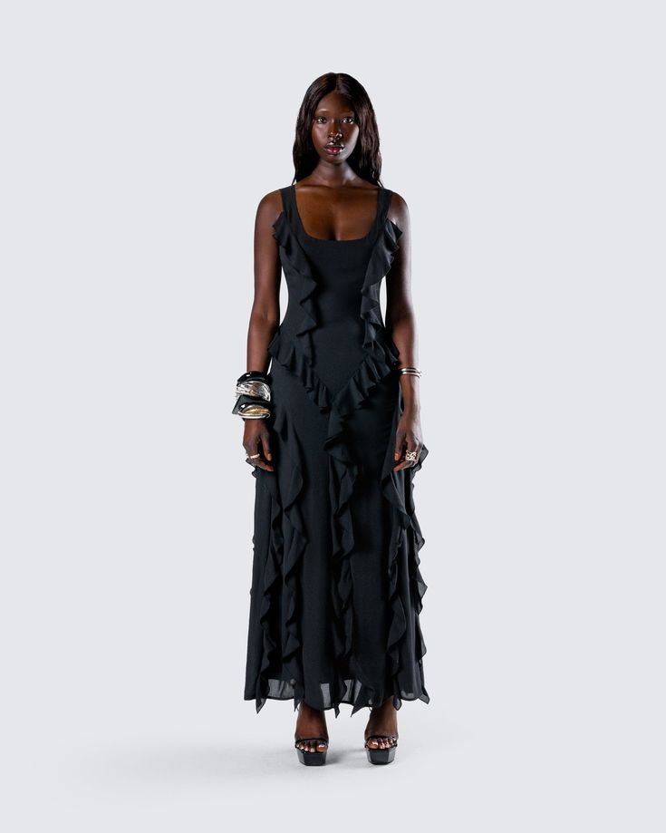 Katelyn Black Ruffle Maxi Dress – FINESSE Elegant Tiered Ruffled Evening Dress, Flowy Ruffled Maxi Dress For Gala, Fitted Tiered Ruffle Dress For Gala, Elegant Tiered Ruffle Dress For Gala, Sleeveless Ruffled Evening Dress, Sleeveless Ruffled Maxi Dress For Evening, Black Maxi Dress With Ruffled Straps, Sleeveless Maxi Dress With Ruffles For Evening, Elegant Black Maxi Dress With Ruffled Straps