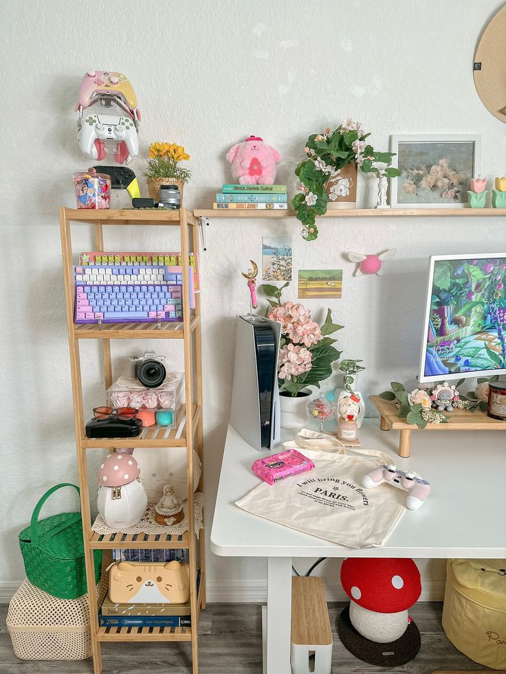 a white desk topped with a computer monitor next to a shelf filled with books and other items