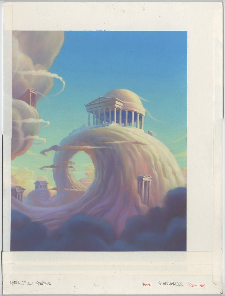 a painting of a building in the sky with clouds around it and columns on top