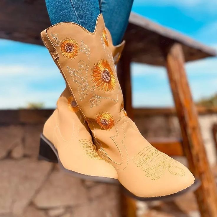 Women’s Basic Sunflower Printed Boots Synthetic Leather Light Beige Color Spring Western Ankle-high Boots, Western Ankle-high Boots For Spring, Western Ankle-high Spring Boots, Spring Ankle-high Western Boots, Trendy Summer Boots With Pointed Toe, Western Summer Boots With Round Toe, Spring Bohemian Ankle-high Boots, Bohemian Closed Toe Boots For Spring, Spring Casual Ankle Boots