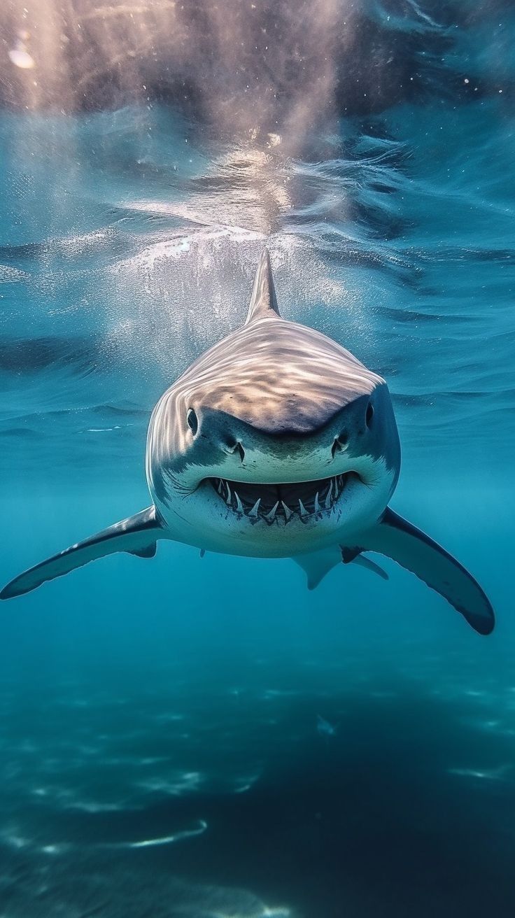 a great white shark swimming in the ocean