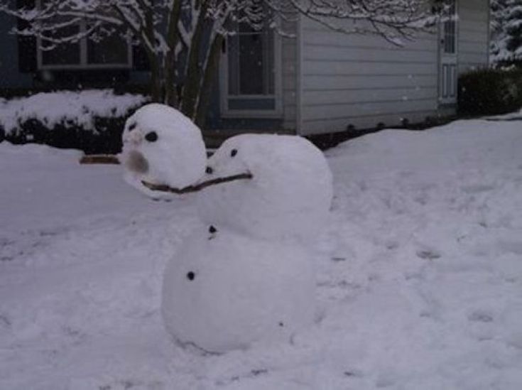 a snowman in front of a house covered in snow