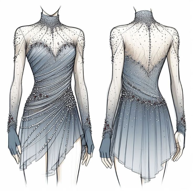 a drawing of a dress with beading on the shoulders and neckline, as well as long sleeves