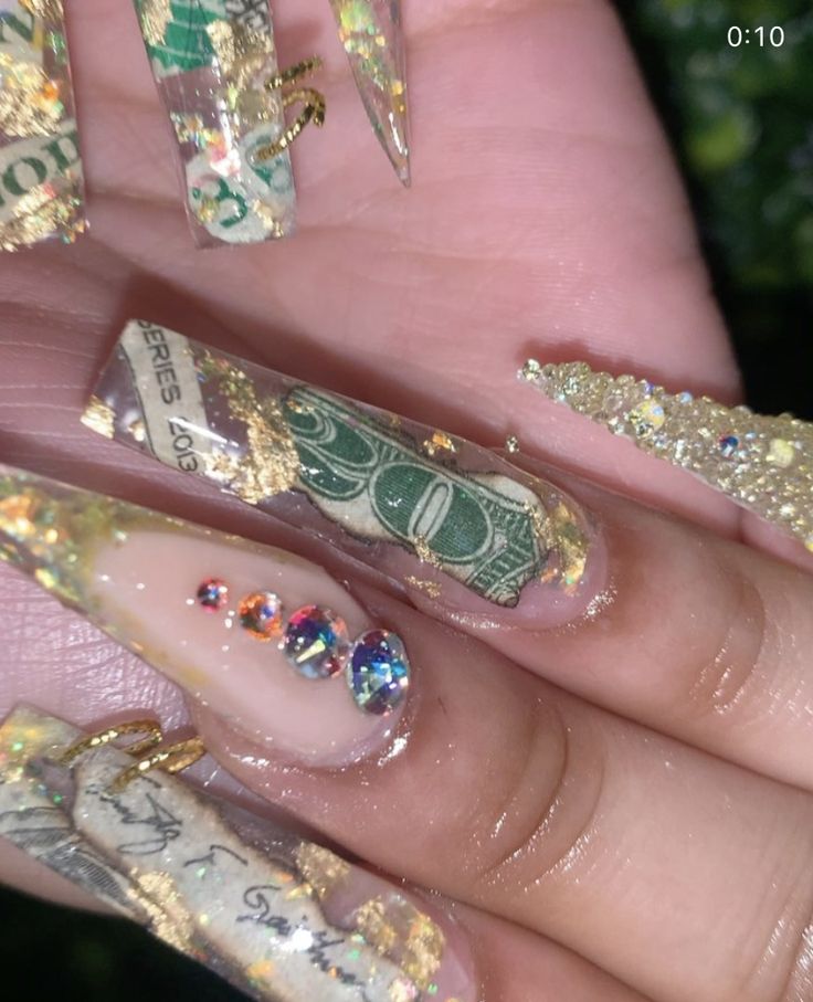 Dollar Bill Nails, Dollar Nails, Nail Suggestions, 25th Bday, Money Nails, Birthday 2023, Encapsulated Nails, Money Bill, Butterfly Nail Art