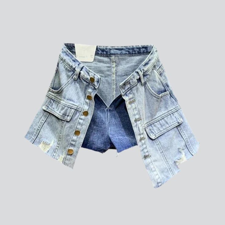 Introducing the 2023 Summer Collection's distressed hem buttoned denim skort. a grunge-inspired masterpiece perfect for the modern fashionista!Why You'll Fall In LoveThis skort is a unique combination of vintage-inspired grunge and urban flair. tailored to fit comfortably and stylishly. Its mid-waist rise. distressed hem. and buttoned closure all come together to create a timeless look that will take you from day to night with ease.Unmissable Highlights: Grunge-Inspired: Tap into the grungy vibe Skort Denim, Womens Denim Skirts, Denim Skort, Oversized Jean Jacket, Denim Clothing, Denim Patterns, Current Trends, Oversized Jacket, Denim Outfit