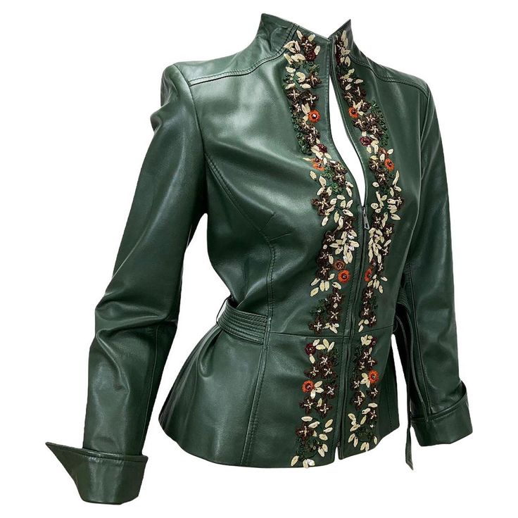 Valentino Vintage Embellished Green Leather Elegant and Feminine Fitted Jacket Designer size - 10 Soft Green Lamb Leather, 3-D Flowers Application, Exclusively Embroidered and Beaded, Attached Belt, Fully Lined, Zip Closure, Double Back Vent. Measurements: Length - 24 inches, Bust - 38/40", Waist - 34/36", Sleeve - 25". Made in Italy. Excellent Condition. Listing code: 6235458389958 Valentino Vintage, Embroidered Leather Jacket, Embroidery Beaded, Leather Embroidery, Yellow Clothes, Lamb Leather Jacket, Fashion Corner, Flowers Embroidery, Fitted Jacket